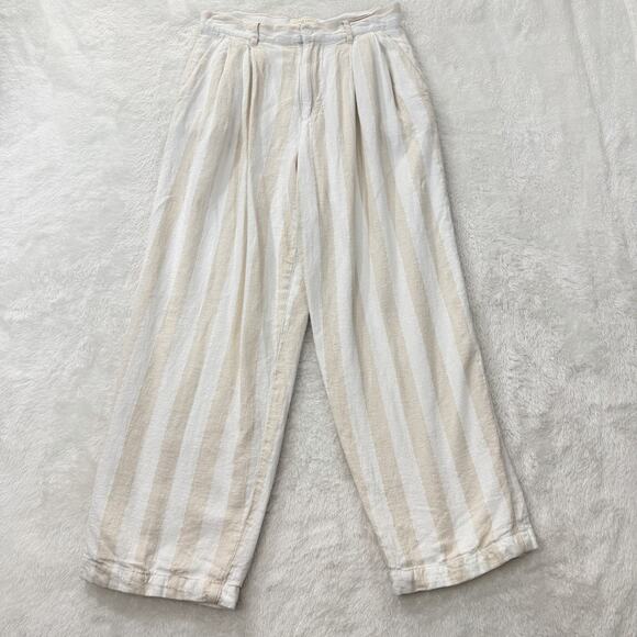 Oliver Logan Pants - Oliver Logan Wide Leg Pants Women 28 White Beige Striped Linen Blend Pleated